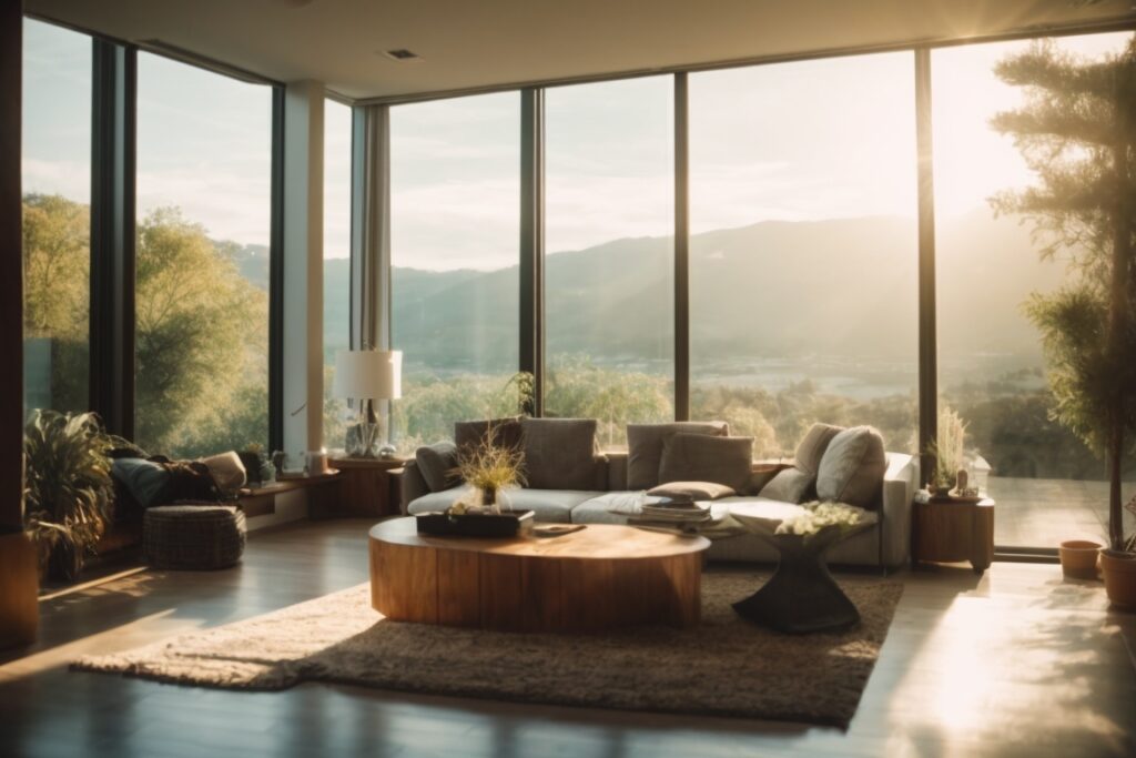 interior cozy living room softened sunlight through glare reduction window film