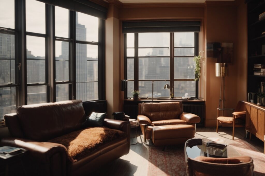 interior cozy living space with tinted windows facing New York street