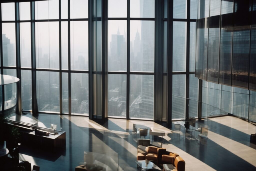 Interior of New York skyscraper with visible heat reduction window film