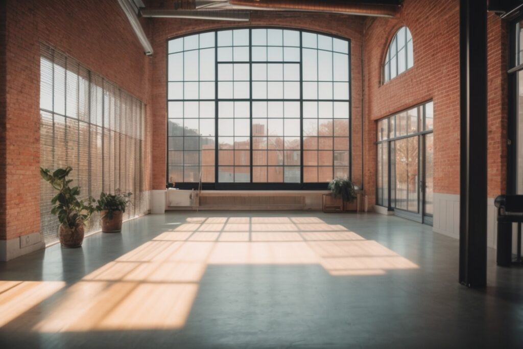 loft interior with bright natural light through frosted privacy film windows
