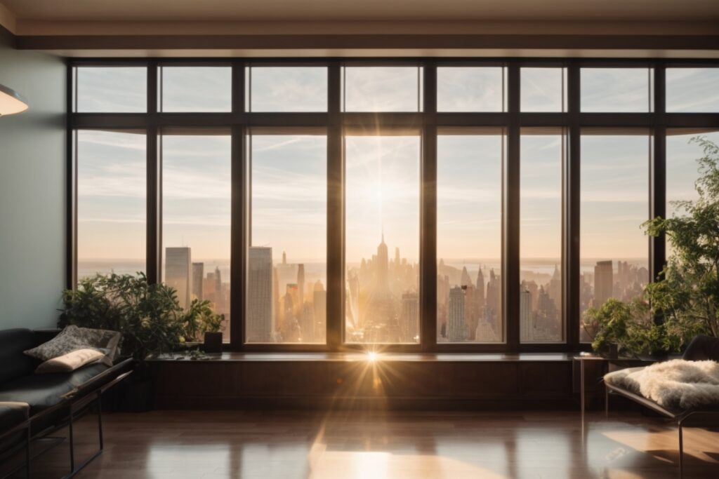 New York home interior with sunlight through decorative window film
