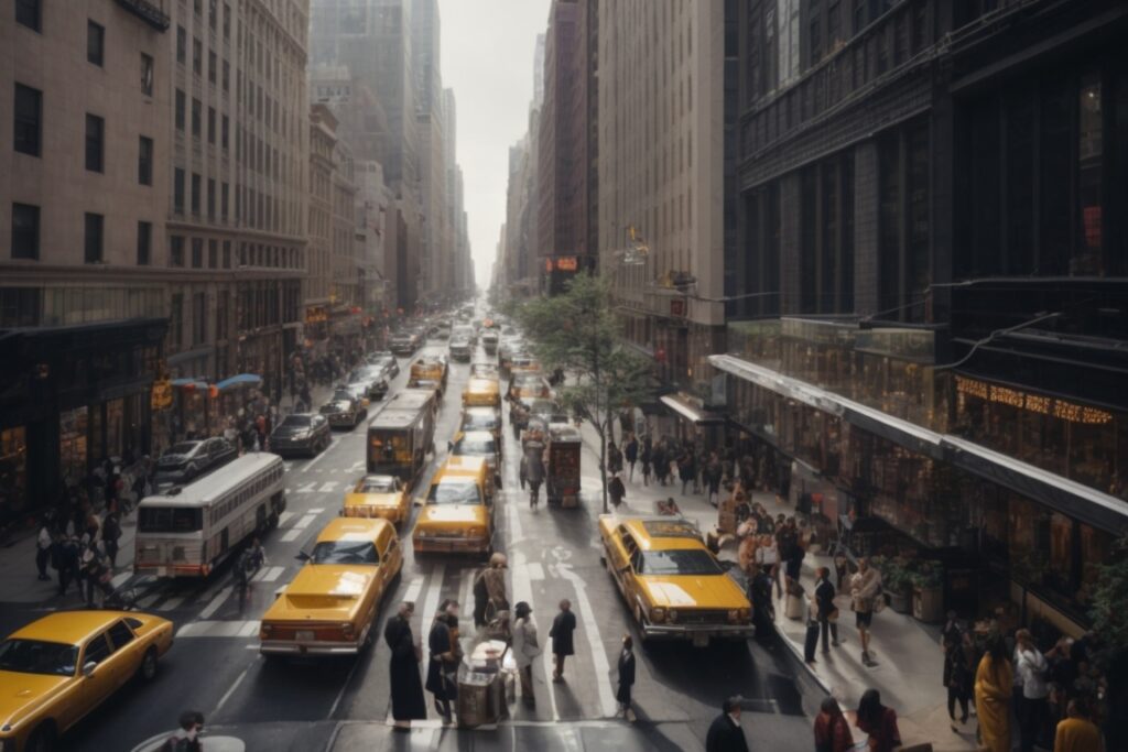 Busy New York street scene with clear window films on urban buildings
