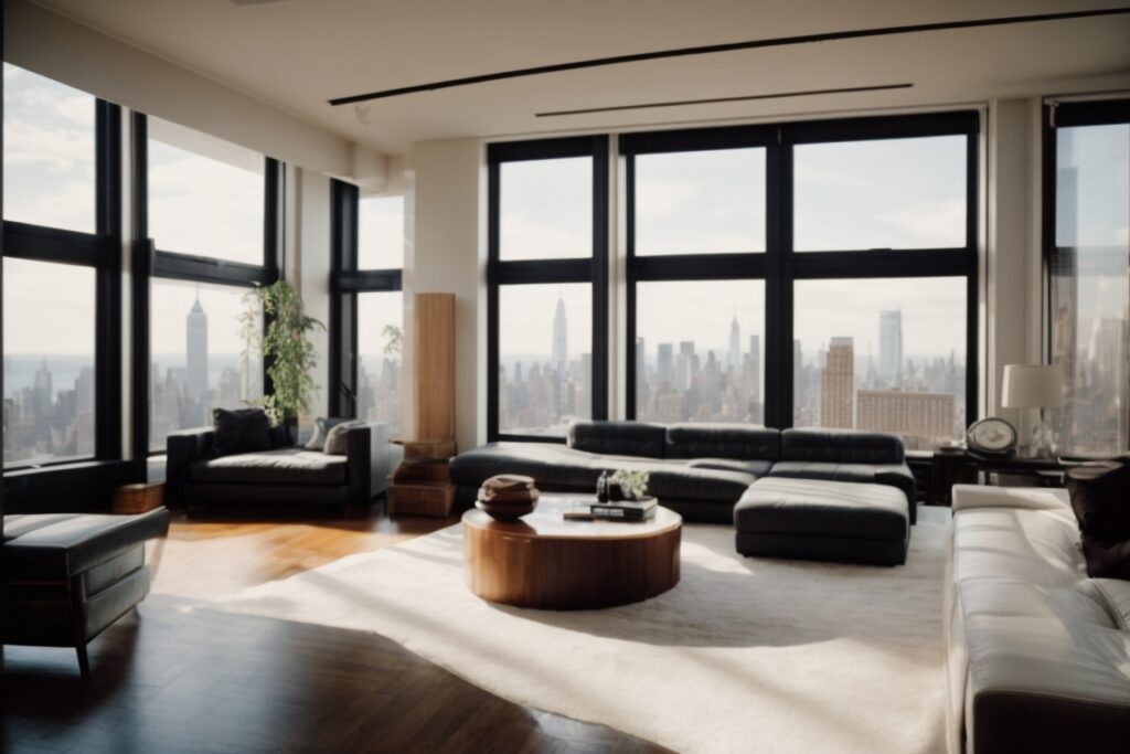 New York apartment interior with opaque windows for privacy