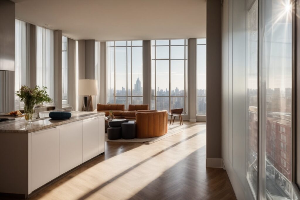 Sunlit New York apartment with custom window films, enhancing privacy and energy efficiency