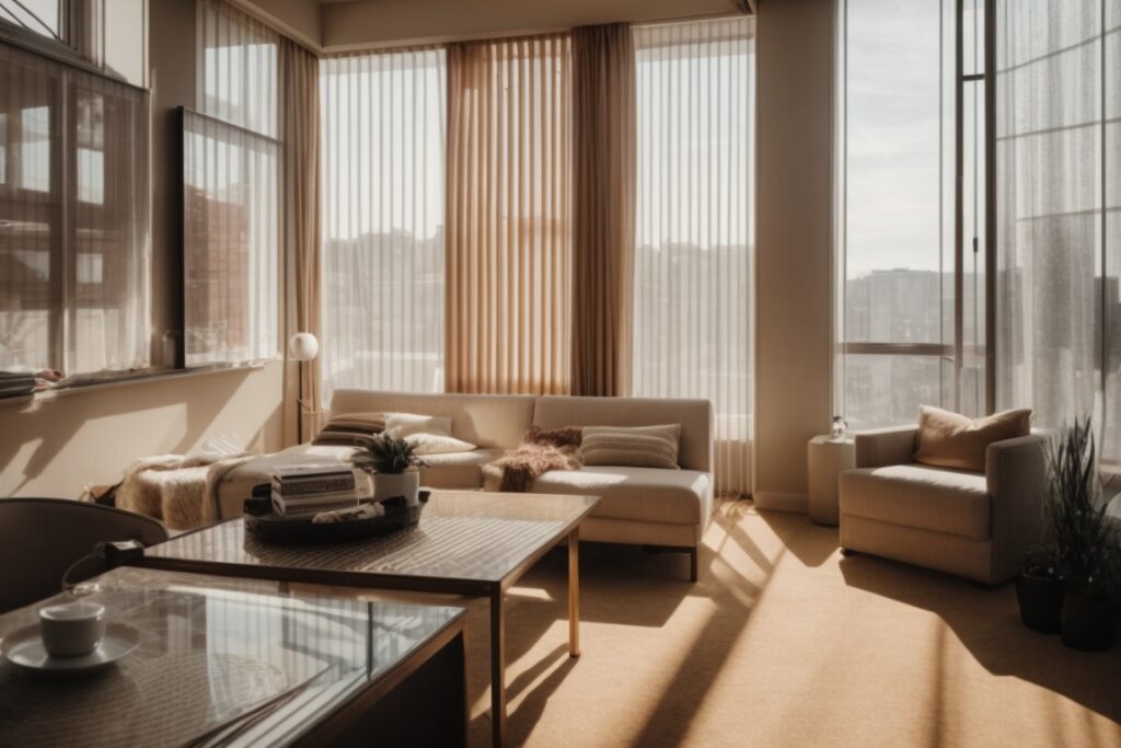 apartment interior with opaque window film allowing sunlight