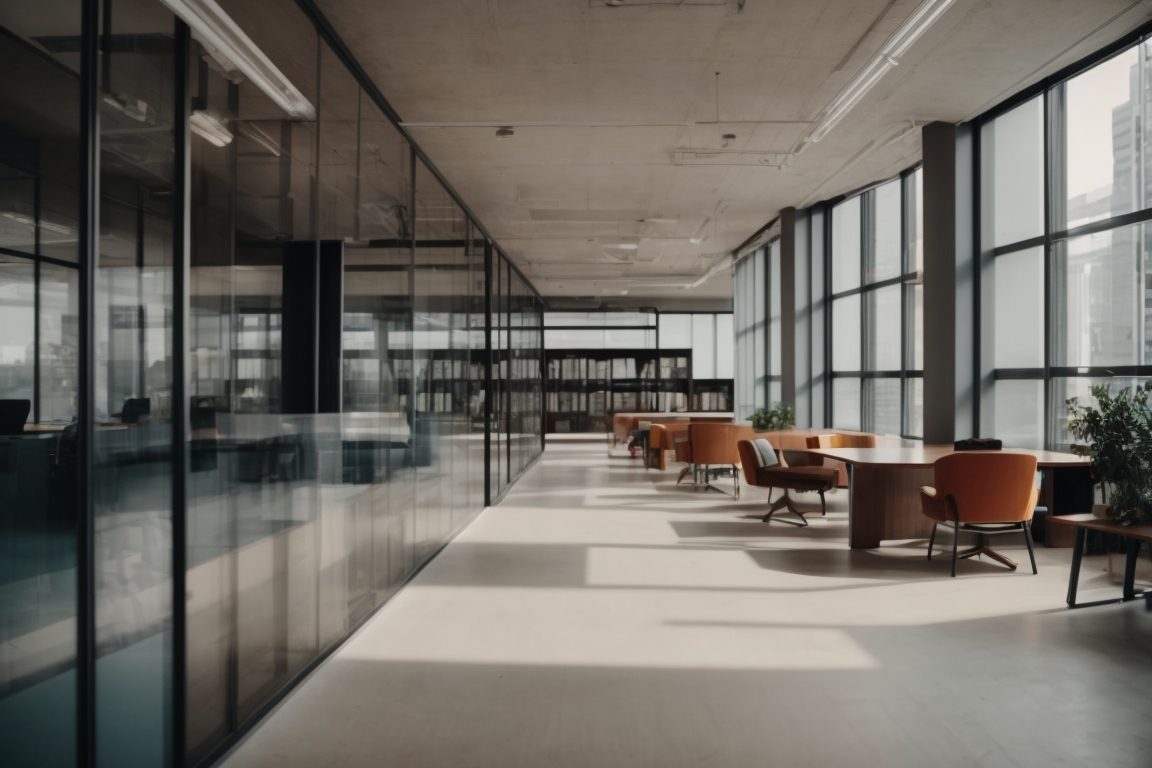 Interior of a commercial office with tinted windows and comfortable workspace