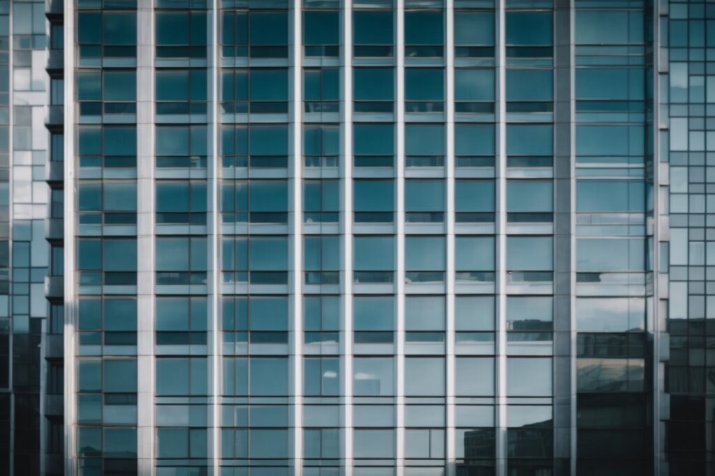 High-rise building with reflective solar window film
