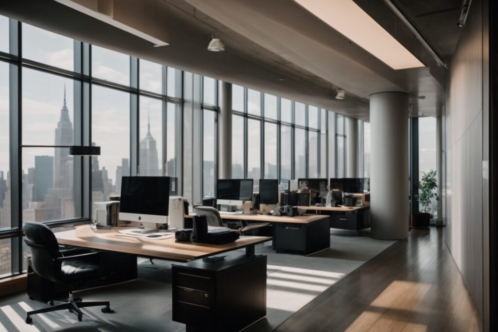 Modern office interior in New York with opaque windows for privacy