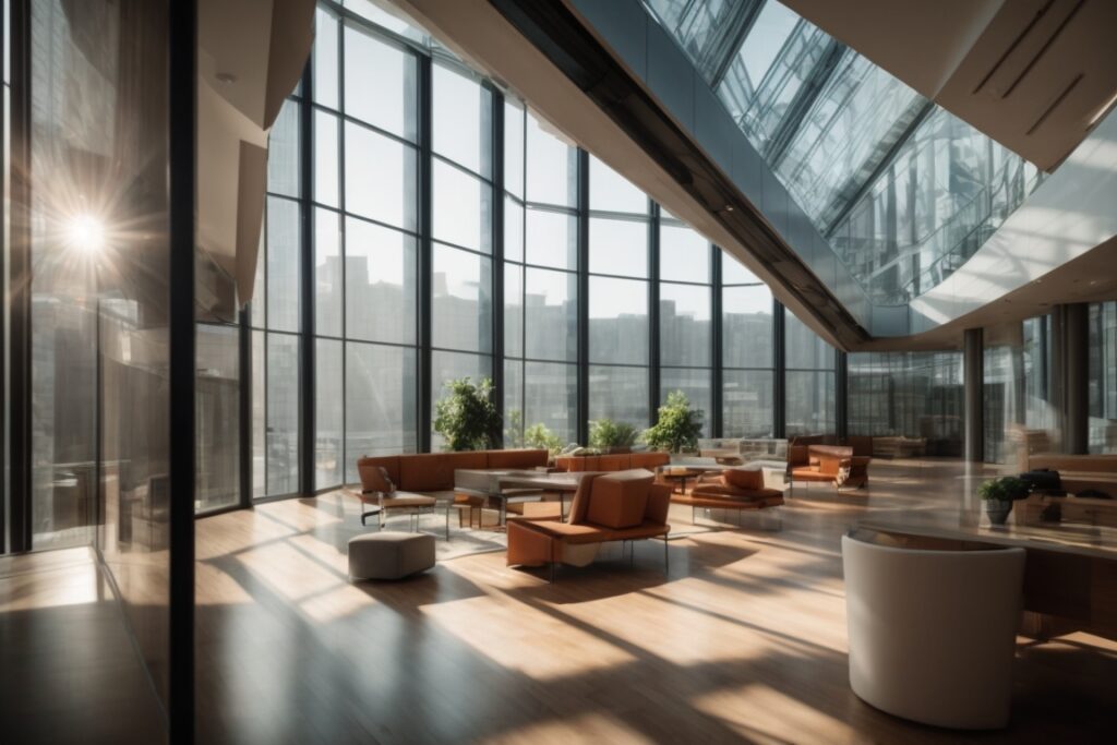 interior view modern office sun control window film reducing glare