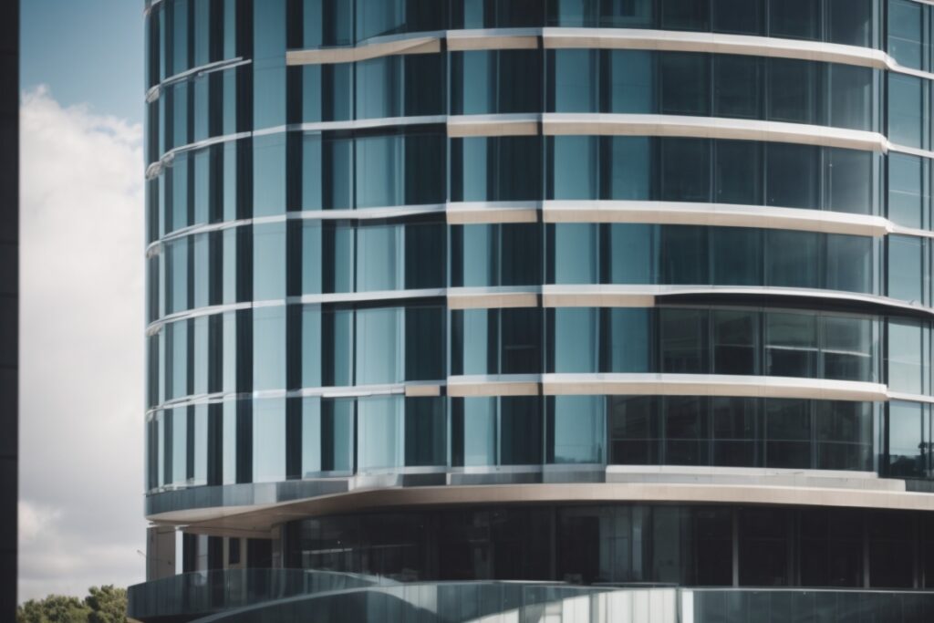 office building with energy-saving window film, interior view sunlight filtering