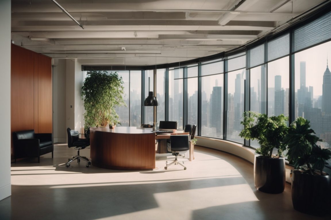 Interior of a New York office with UV protection window film, reduced glare, and preserved furnishings
