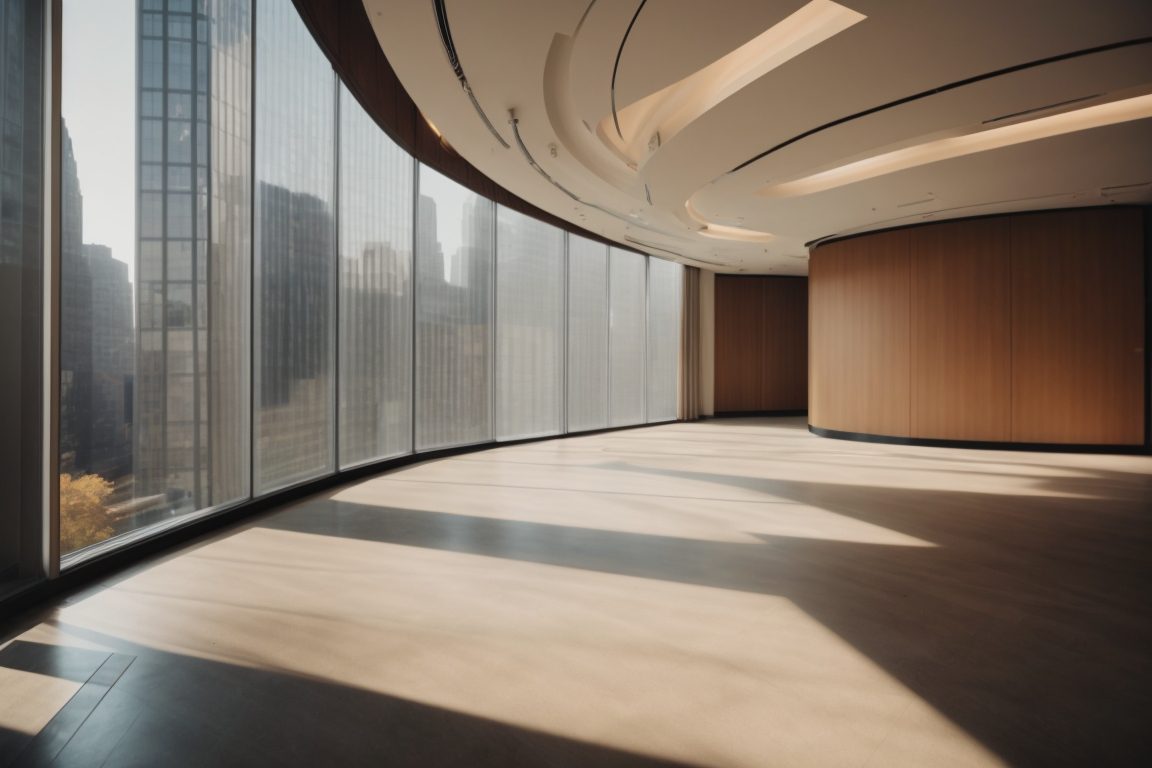 interior of a New York office with opaque window films and sunlight filtering through