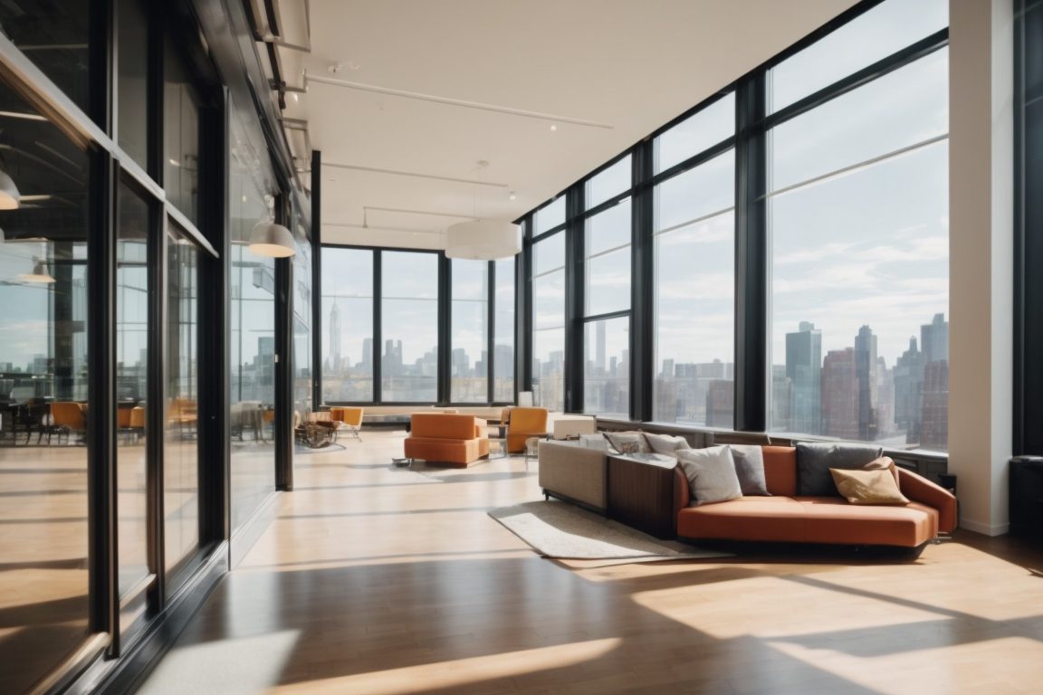 interior of a bright New York office with commercial window film