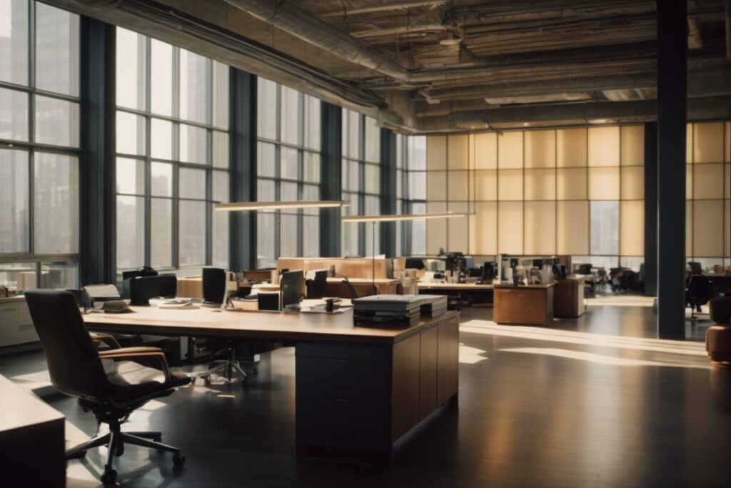 interior of a New York office with opaque windows and sunlit desks