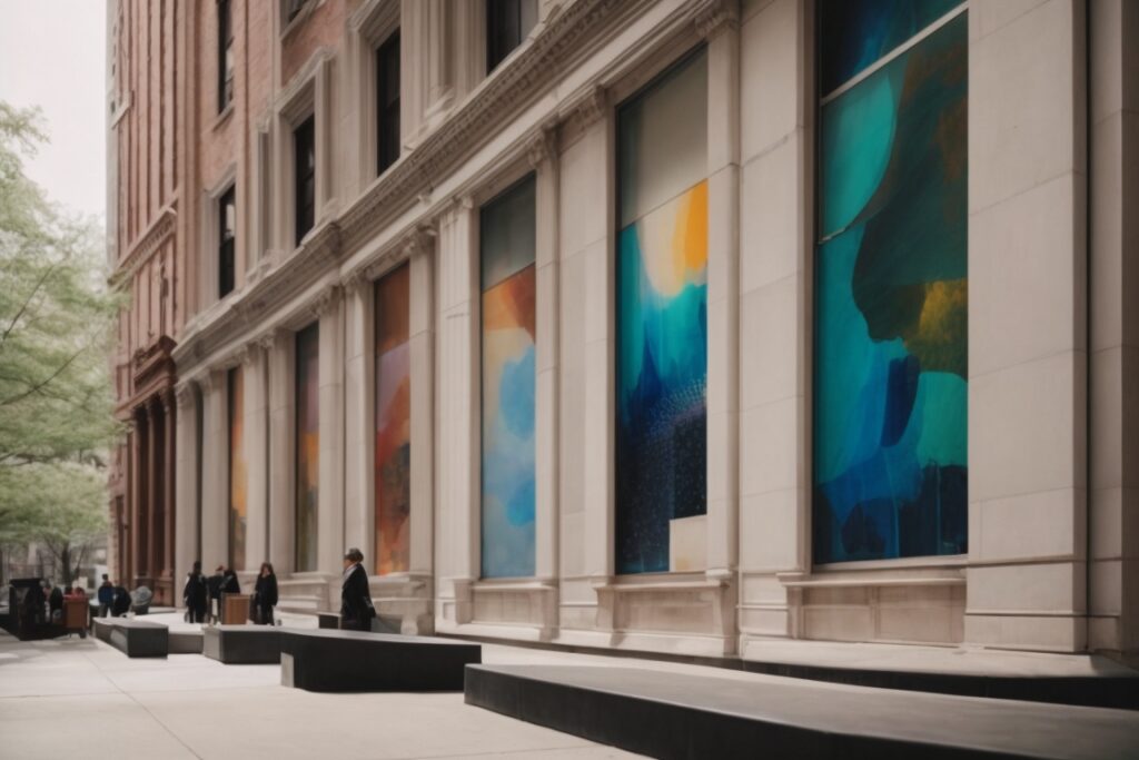 Art gallery in New York with opaque windows displaying vibrant artworks