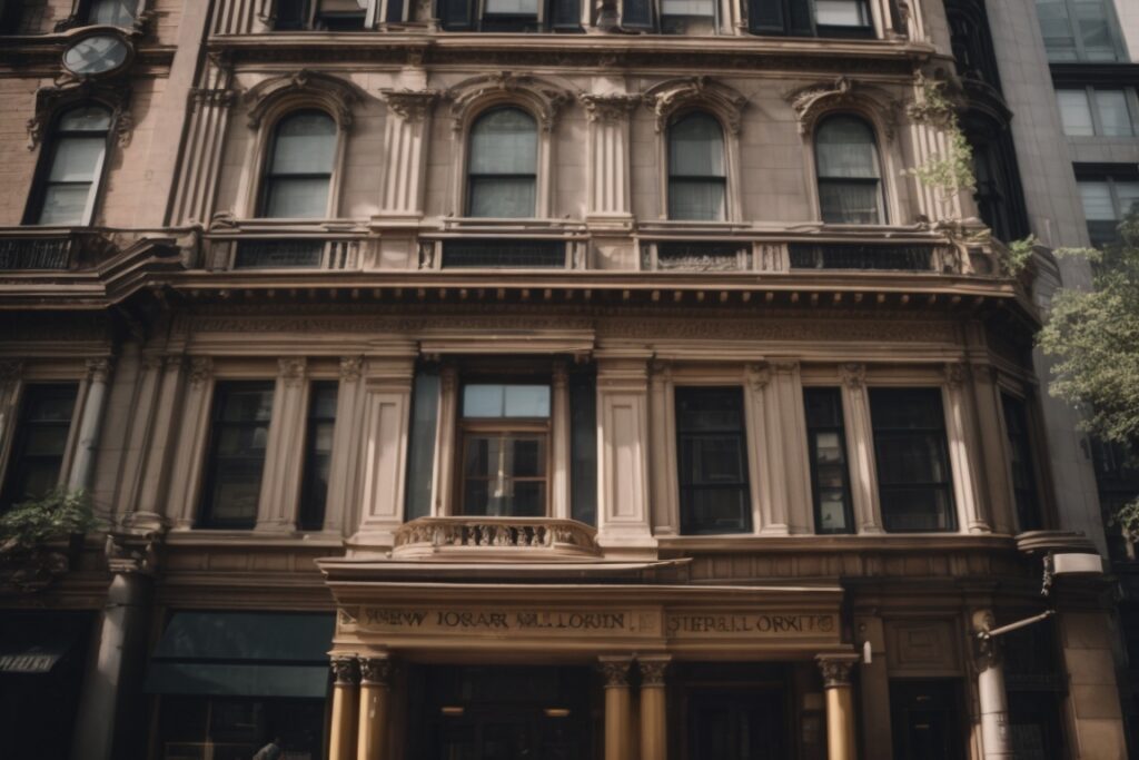 New York historical building with tinted windows and visible interiors