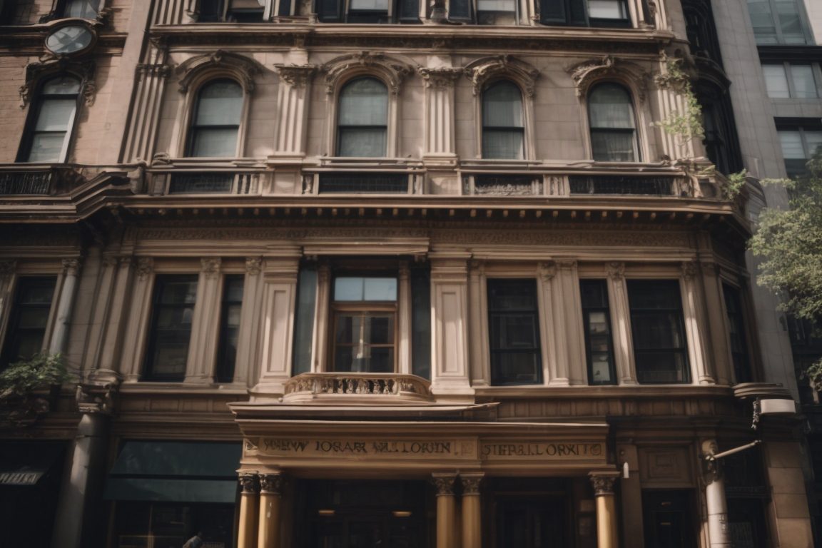 New York historical building with tinted windows and visible interiors