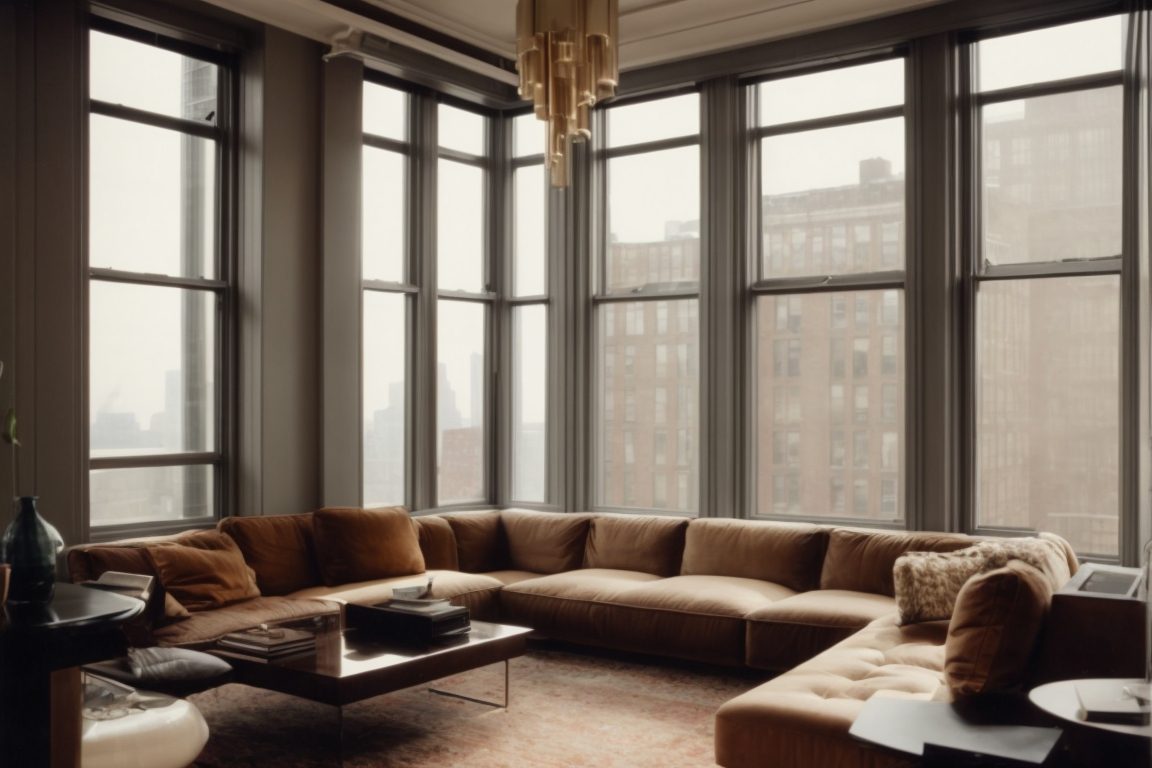 interior of a New York apartment with opaque windows