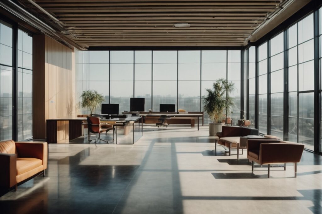 interior of a large office with UV blocking window film